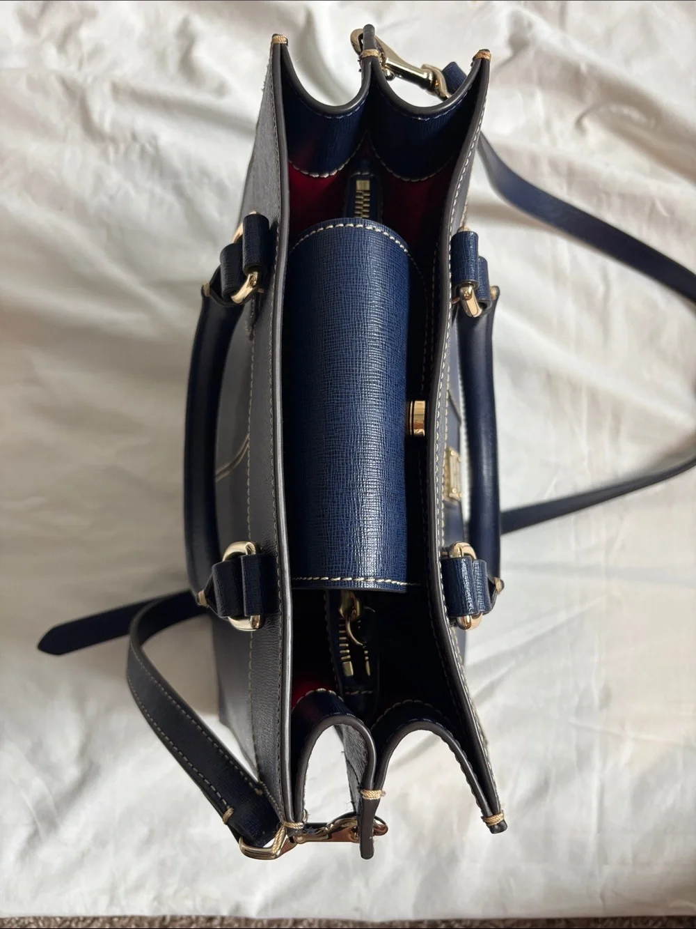 Dooney & Bourke Structured Navy Leather Top-Handle Tote with Gold Accent